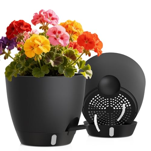 Self Watering Pots with Drainage Holes, 2 Pack 8 Inch Plant Pots with Water Level Indicator Deep Reservoir, Large Plastic Planter for Indoor Outdoor Plants - Black - color: Black, size: 8 Inch 2 Pack