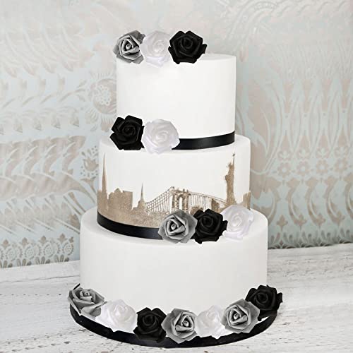 100pcs Black Roses Artificial Flowers,3inch White Foam Fake Rose Heads Stemless Gray Faux Flowers Bulk for DIY Crafts,Cake Wedding,Baby Shower Centerpieces Decor(Black,White,Gray) - color: Black&white&gray