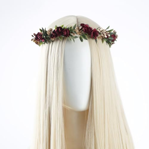 Red Rose Flower Headband, Artificial Fairy Elf Flower Crown, Forest Woodland Floral Headpiece for Women Maternity Wedding Renaissance Festival Cosplay Party Hair Accessories - color: Red