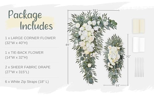Wedding Arch Flowers with Drapes Kit (Pack of 4) - 2pcs Artificial Ivory & White Deluxe Swag with 2pcs Sheer Drapes for Wedding Ceremony Arbor Reception Backdrop Rose Floral Decoration - color: Ivory & White
