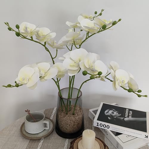 ATFL 6 Pack Ivory Orchid Artificial Flowers Real Touch, 23'' Artificial Fake Faux Silk Orchid Stem Bouquets for Wedding Party Home Garden Decor,Orquideas Artificiales para Decora (6, Ivory) - color: Ivory