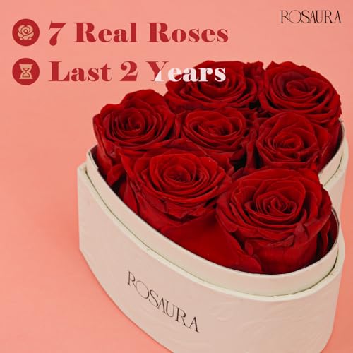 Rosaura Heart-Shaped Preserved Roses Gift Box - Real Forever Flowers for Christmas, Birthday, Valentine's & Mother's Day (red, 7 roses) - color: red, size: 7 roses