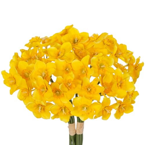 Briful 12 Stems Daffodils Artificial Flowers 2 Bunches Real Touch Fake Narcissus Flower 9in Silk Spring Fake Flowers Wedding Floral Decor Bouquet for Home Party Wedding Office Anniversary Decor,Yellow - color: Yellow#163