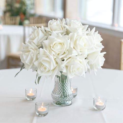 JINWOE White Flowers Roses Artificial Flowers, 10pcs Soft Real Touch Silk Artificial Roses Stems, Lifelike Faux Rose for Wedding Table Centerpieces Party Home Decoration - color: White