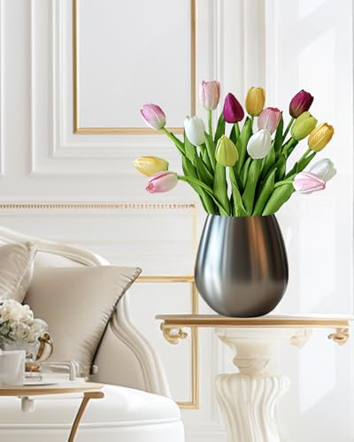 12pcs Tulips Artificial Flowers Real Touch Silk Faux Flowers Tulip Stems for Wedding Spring Bouquet Floral Arrangement Home Party Office Decorations (White Pink Yellow Green) - color: White Pink Yellow Green