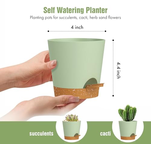 WSMKSZ 4 inch Self Watering Pots for Indoor Outdoor Plants, 6 Pack Plastic Flower Planters with Drainage Holes and Removable Saucers, Plant Pots with Wicking Rope, Modern Decor, Green Brown - color: Green Brown, size: 4inch 6pcs
