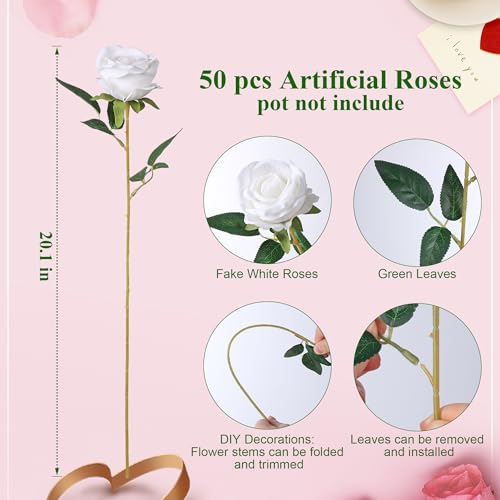 HyeFlora 50 PCS White Roses Artificial Flowers, Fake Roses with Stems Realistic Silk Roses for DIY Wedding Bouquets Tables Centerpieces Arrangements Party Baby Shower Birthday Home Decor Gift for Her - color: White