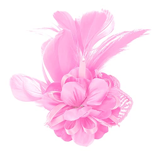 Song Qing Women's Fascinator Feather Flower Pin Brooch Corsage Bridal Hairband Derby Hat Cocktail Party Wedding - color: A6 Pink