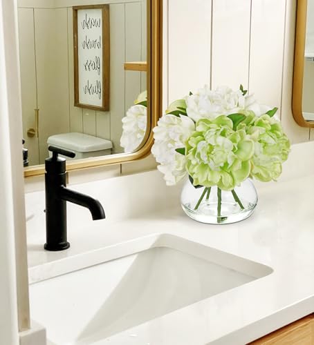 Hollyone White and Green Peonies Artificial Flowers with Vase Faux Flowers Peony Fake Flowers Silk Flower Arrangements in Glass Vase with Faux Water for Bathroom Table Centerpiece Shelf Home Decor - color: Peony, Green