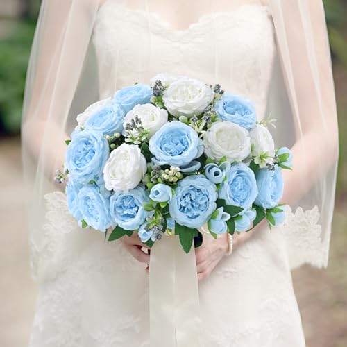 MARTINE MALL 4 Packs Peonies Artificial Flowers, Mixed White Blue Artificial Peonies, Silk Peonies Flowers Fake Peonies Artificial Peony Flowers for Centerpiece Table Wedding Party Home Decor - color: Mixed White Blue, size: 4PCS