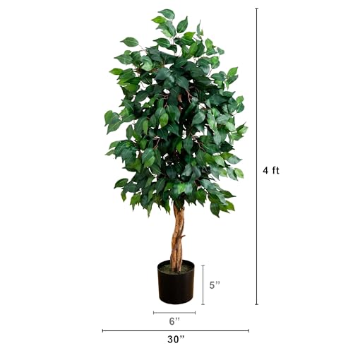 Nearly Natural 4ft Triple Trunk Ficus Silk Tree with Natural Wood Trunks and Dense Foliage, Mid-Size Faux Floor Plant for Home and Office - size: 4ft, style: Tree in Pot
