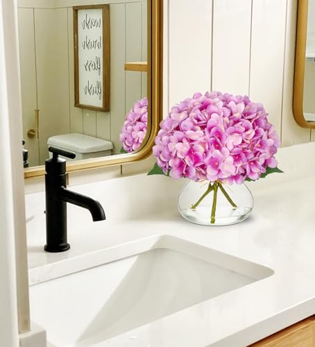 Hollyone Hydrangea Artificial Flowers with Glass Vase Purplish Pink Silk Faux Flowers Arrangements in Vase with Faux Water Fake Floral Bulk Bouquet for Home Decor Table Centerpiece Decorations - color: Hydrangea, Purplish Pink