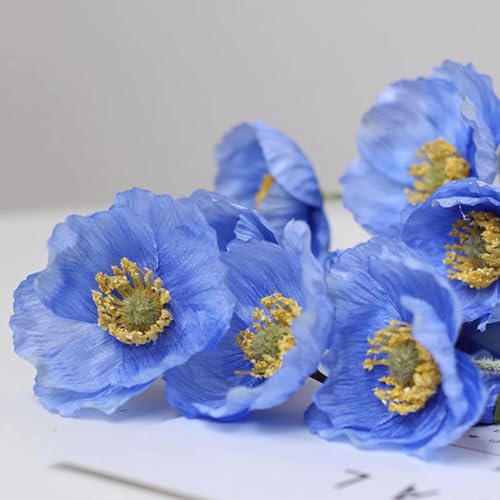 Lifelike Artificial Poppy Flowers, 8 Stems Silk Bouquet with Flocked Stems & Leaves – for Wedding Centerpieces, Home Decor, Table Arrangements - color: 8pcs Blue