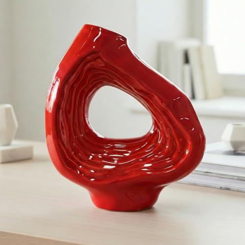 Sunddo Ceramic Flower Vase, 9 Inch Donut Modern Vase for Home Decor, Art Decorative Vase for Living Room, Boho, Bathroom, Shelf, Dining Table Decor - color: Red, size: 9 inch