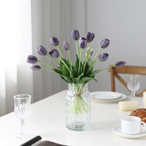 15 Pcs Fall Purple Artificial Tulips Fake Flowers, Premium Latex Lifelike Texture, UV Resistant Waterproof Faux Tulip Bouquets with Snap-on Petals for Outdoor, Home, Wedding Decor - color: Autumu Purple