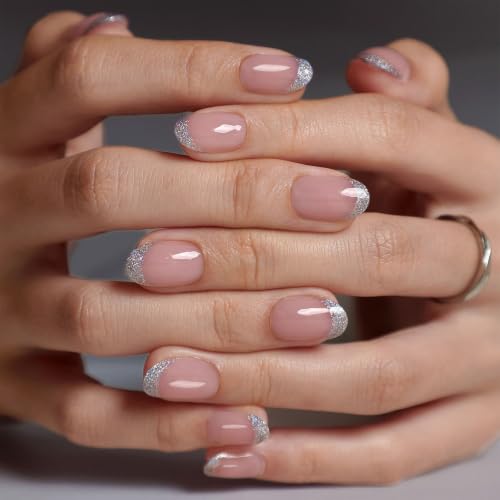 32Pcs Soft Gel Press on Nails for Women, Glitter Silver, Short Oval | Bare Nude French Tip False Fake Nails Press Ons for Office Daily Wear, Salon Quality Reusable Glue & Stick on Nail Gift Kit - color: 5J-Glitter Silver