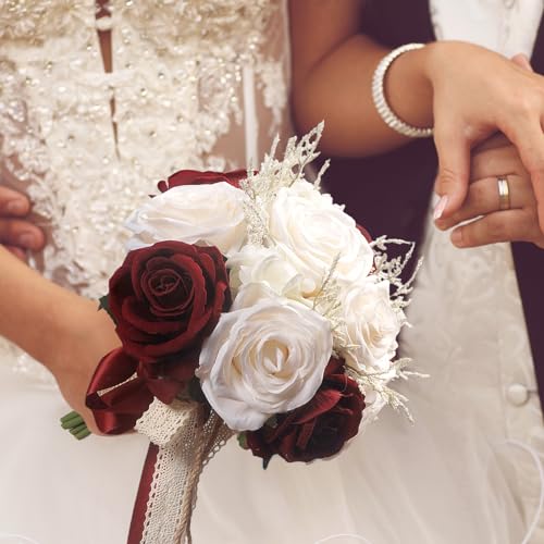 LEIFENY Wedding Bouquets for Bride, Champagne White & Burgundy Bridal Bridesmaid Wedding Flowers, Artificial Toss Rose for Civil Ceremony (Jute Rope Handle) - color: Champagne White & Burgundy
