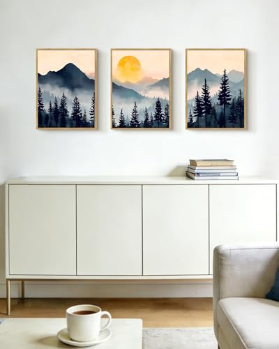 PHOPAGO Blue Fog Pine Tree Mountain Landscape Framed Wall Art Retro Watercolor Nature Misty Forest Artwork Paints Sun Rise Rustic Farmhouse Home Decor - 11x14in Natural Framed - color: Blue Mountain, size: 14L" x 11W" x 3 Pcs Natural