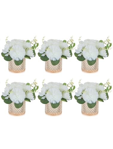 NUPTIO Small Fake Flower in Vase: 6 Pcs Silk Artificial Flowers with Champagne Pink Glass Vase for Living Room Bathroom Office - Faux Rose Mums Floral Arrangement Wedding Dining Table Centerpiece - color: Champagne Pink, size: 6pcs