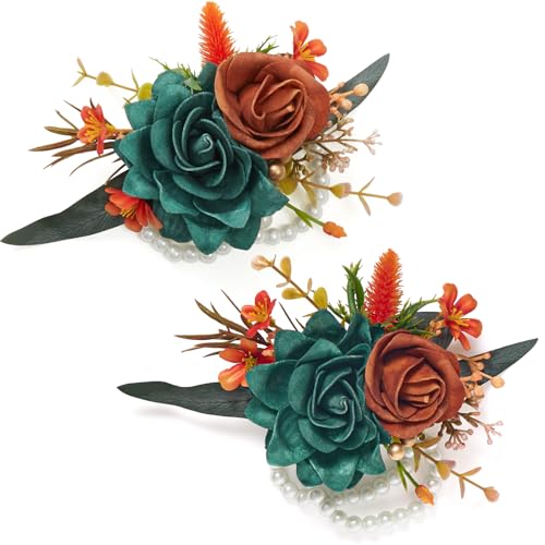 Serwalin 2 Pcs Wrist Corsage, 6-7 Inch Teal Orange Corsage for Wedding, Bridesmaid Mother Grandmother, Artificial Flowers for Prom Ceremony Anniversary - color: Teal Orange, size: Corsage-2pcs