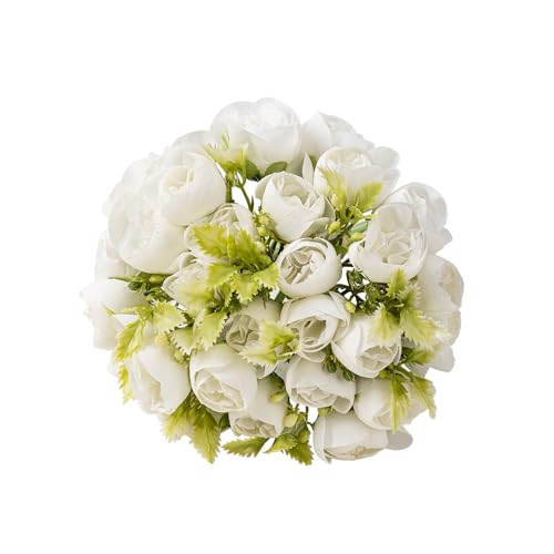 2Bouquet 14 Heads Artificial Rose Silk Flower Arrangements for Home Bridal Kitchen Wedding Party Festival Decor (White) - color: White
