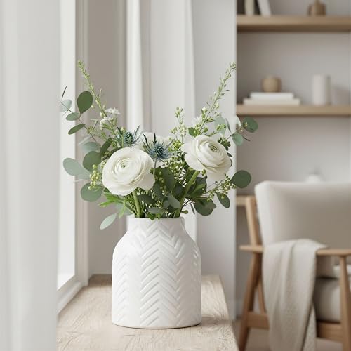 hjn White Vase for Flowers Ceramic Vase for Decor, Modern Decorative Vase, Vases for Your Kitchen/Office/Living Room/Bookshelf/Mantel - White Texture(Small) - size: 5D'' x 6H''