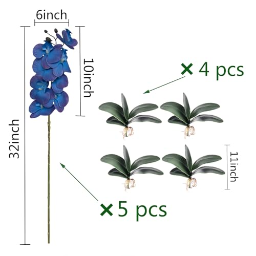 HinyoCo 5 Pcs Artificial Orchid Flowers and 4 Bundles Leaves, Artificial Phalaenopsis Flowers 32 Inch Stem Plants for Home Wedding Decoration (Blue and purple edges), US10039 - color: Blue and Purple Edges
