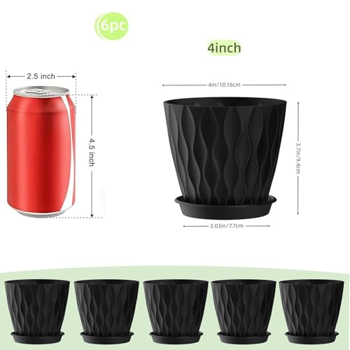 4 Inch Plant Pots, 6 Pack Indoor Flower Pots, Planters with Drainage Holes and Trays for Orchids, Violets, Succulents, Herbs, and Other Plants, Black - color: Black, size: 4inch