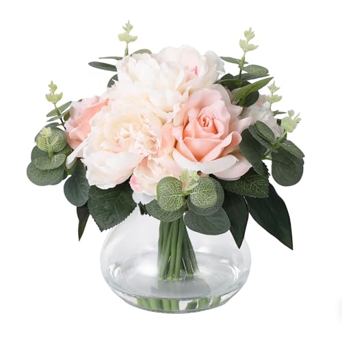 Lifelike Artificial Flower Arrangements with 4 Roses + 4 Peonies in Glass Vase with Faux Water for Wedding & Home Table Centerpieces - color: Peony & Rose With Faux Water, size: Pink