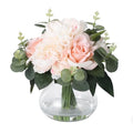 Lifelike Artificial Flower Arrangements with 4 Roses + 4 Peonies in Glass Vase with Faux Water for Wedding & Home Table Centerpieces - color: Peony & Rose With Faux Water, size: Pink