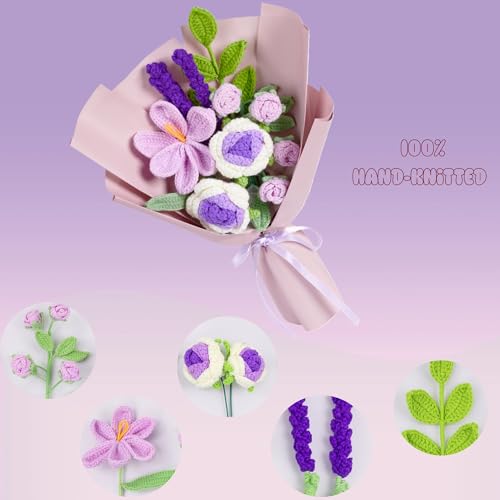 Crochet Flower Bouquet Handmade Crochet Flowers Knitted Tulips Rose Bouquet for Valentines Birthday Party Home Decor Wedding for Women Lover Friends Daughter(Purple) - color: Z-purple