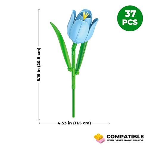 Brickcraft Bricktanicals Blue Tulip Brick Building Set, 37 Piece Single Stem Botanical Flower Model, Ages 8+, Collectible Brick Flower Build, Compatible with Brick Flowers, Spring Gift for Kids - style: Blue Tulip Spring