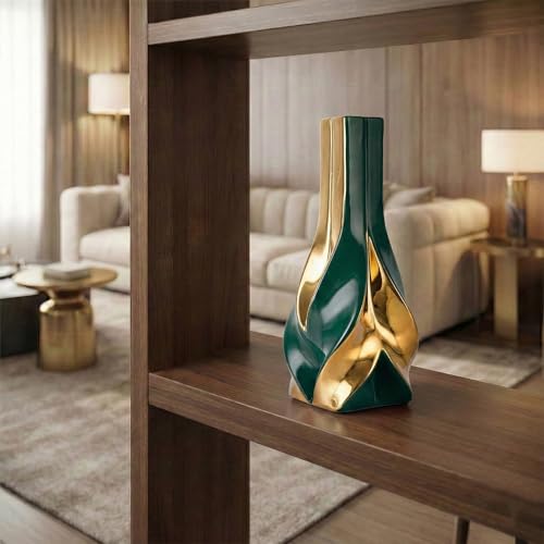 10.6" Green and Gold Ceramic Vase, Modern Geometric Flower Vase for Dining Table Centerpiece, Elegant Decorative Vase for Pampas Grass, Living Room, Bedroom, Office, Tabletop Decoration - color: Green Gold