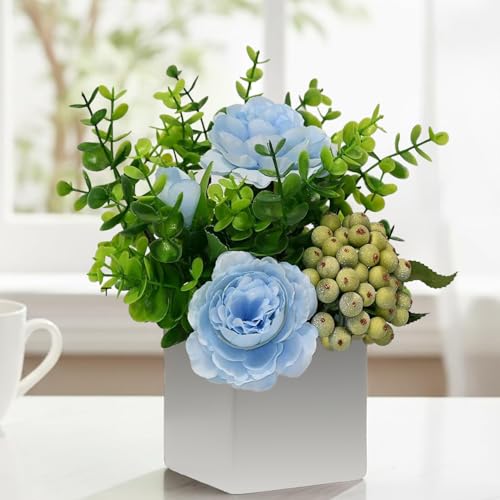 LADADA Artificial Blue Rose Potted Flowers with White Square Vase | Faux Eucalyptus Leaves Frosted Berry Floral Arrangement,Small Fake Silk Flower Centerpiece for Office Shelf Home Indoor Decor - color: Blue