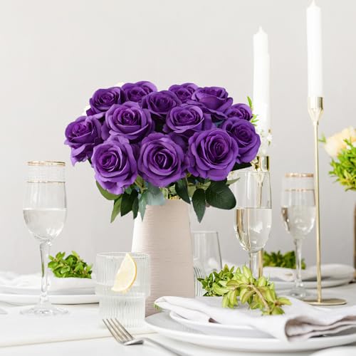 10 Pcs Purple Rose Artificial Flower, Faux Silk Flowers With Long Stems, Fake Roses Bulk Bouquet for Decoration Valentine's Day Centerpieces Proposal Bridal Bouquets Shower Party Home Floral Decor - color: Purple