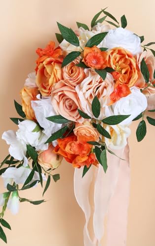 Wedding Bouquet,10 Inch Terracotta Bouquet Cascading Bridal Bouquets for Bride for Wedding Ceremony and Anniversary(Orange) - color: Orange