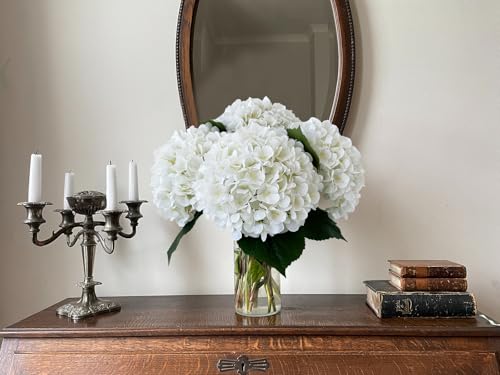 YalzoneMet 4Pcs White Silk Hydrangeas Artificial Flower Natural Lifelike Big Blooms 20'' Long Stem Faux Hydrangea Flower Bouquets for Home Party Indoor Outdoor Wedding Table Centerpiece Decor - color: White