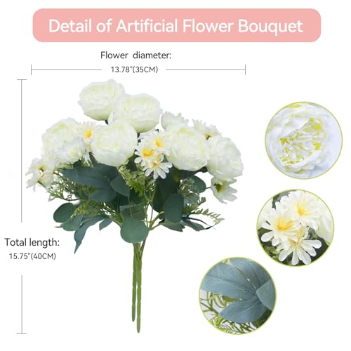 Peonies Artificial Flowers, Fake Peony Bouquet, Realistic Faux Peony Silk Flowers for Wedding, Home Décor, and Table Centerpieces – Ideal for Arrangements and Special Occasions 2 Bouquets (White) - color: White