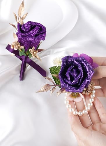 Purple Rose Boutonniere and Corsage Set - 2 Pcs Artificial Flowers Wrist Corsage and Boutonniere Kit for Men Wedding Prom Party, Anniversary Ceremony - color: Purple