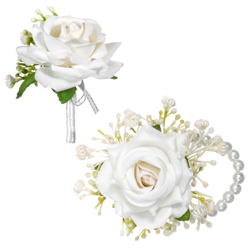 Tucnoeu 2pcs White Wrist corsages for Prom, Corsage Wristlet Band, Artificial Boutonniere and Corsage Set, for Prom Decor Wedding Party Flower Accessories - color: White
