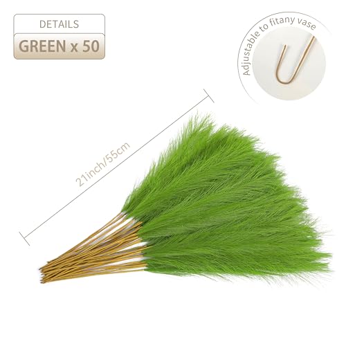 50pcs 22" Green Pampas Grass - Faux Pampas Grass Decor Artificial Pampas Grass for Tabke Vase Fluffy Artificial Pampas Grass for Boho Home Wedding Mothers Day Decoration - color: Grass Green, size: 50pcs
