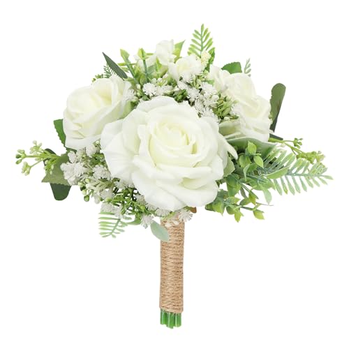 Wedding Bouquets for Bride Bridesmaid, Ivory Rose Artificial Bridesmaids Bouquets 7 Inch Floral Greenery Bouquet for Wedding Bridal Shower Marriage Proposal Decor - color: Ivory White, size: 1pcs