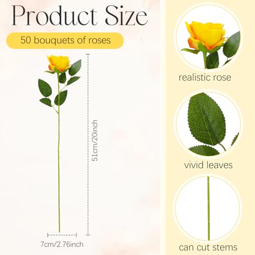 Jexine 50 Pcs Artificial Rose Flower Bulk Realistic Silk Fake Roses with Long Stem Plastic Artificial Flower Bouquet Real Looking for Home Wedding Centerpieces Party Decoration(Yellow) - color: Yellow