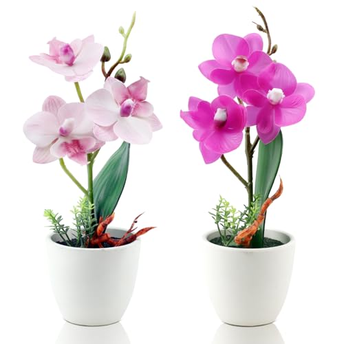 2Pcs Artificial Flowers Orchid Fake Phalaenopsis Small Potted Plant Ceramic Vase for Table Centerpiece Home Office Bathroom Wedding Decor(Purple & Pink) - color: Purple & Pink