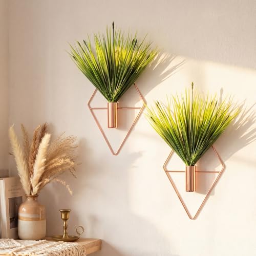Canlierr 2 Pieces Wall Decor Hanging Planters with Artificial Plants Metal Hanging Vase Indoor Plants Holder Modern Boho Wall Art for Bathroom Bedroom Living Room Decor(Rose Gold,Aquatic Plant) - color: Rose Gold, size: Aquatic Plant