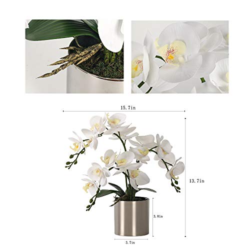 LESING Potted Artificial Orchid Flowers,Real Touch White Fake Artificial Orchid Flower in Silver Vase Arrangement for Table Living Room Decoration (White,Silver Vase) - color: White,silver Vase