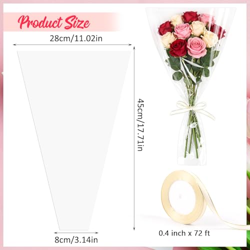 DIYASY 50 Pcs Flower Wrapping Bags for Bouquets, Clear Floral Packing Sleeves with Ribbons Florist Wrap Supplies for Wedding Mother's Day Graduation Gift - color: Clear