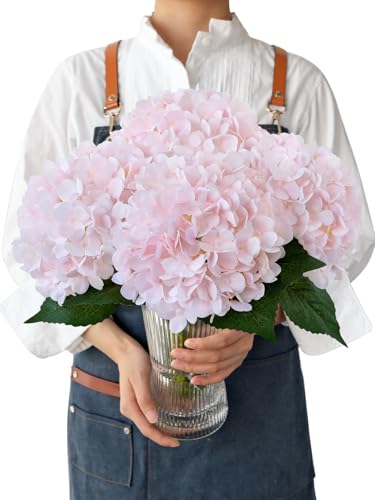 JINWOE Light Pink Flowers Silk Artificial Hydrangeas, 4Pcs 21" Lifelike Boho Large Flowers with Stems, Artificial Flowers for Wedding Porch Outdoor Bouquet Table Centerpieces Home - color: Light Pink