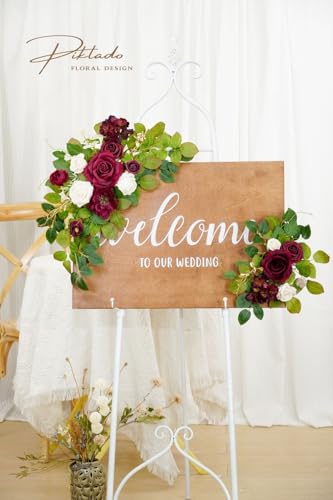 Wedding Decor (Pack of 2) Welcome Sign Flower Backdrop Garland for Ceremony Reception Wall Easel Home Decoration Entryway Faux Outdoor Board Head Table Decor (Burgundy & White) - color: Burgundy & White