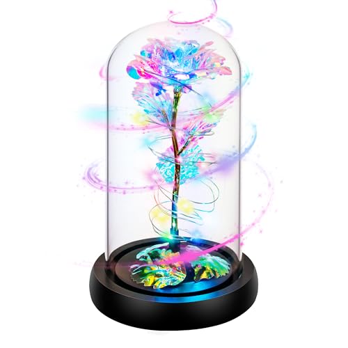 Childom Mothers Day Flowers Gifts for Mom from Daughter Son,Birthday Gifts for Women Mom Grandma Wife,Flowers for Delivery Prime,Rotating Light Up Rose in A Glass Dome,Anniversary Valentines Gifts - color: Rotating Rainbow Colorful Large